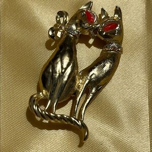 Gold Cat Brooch Pin with Red Accent Eyes